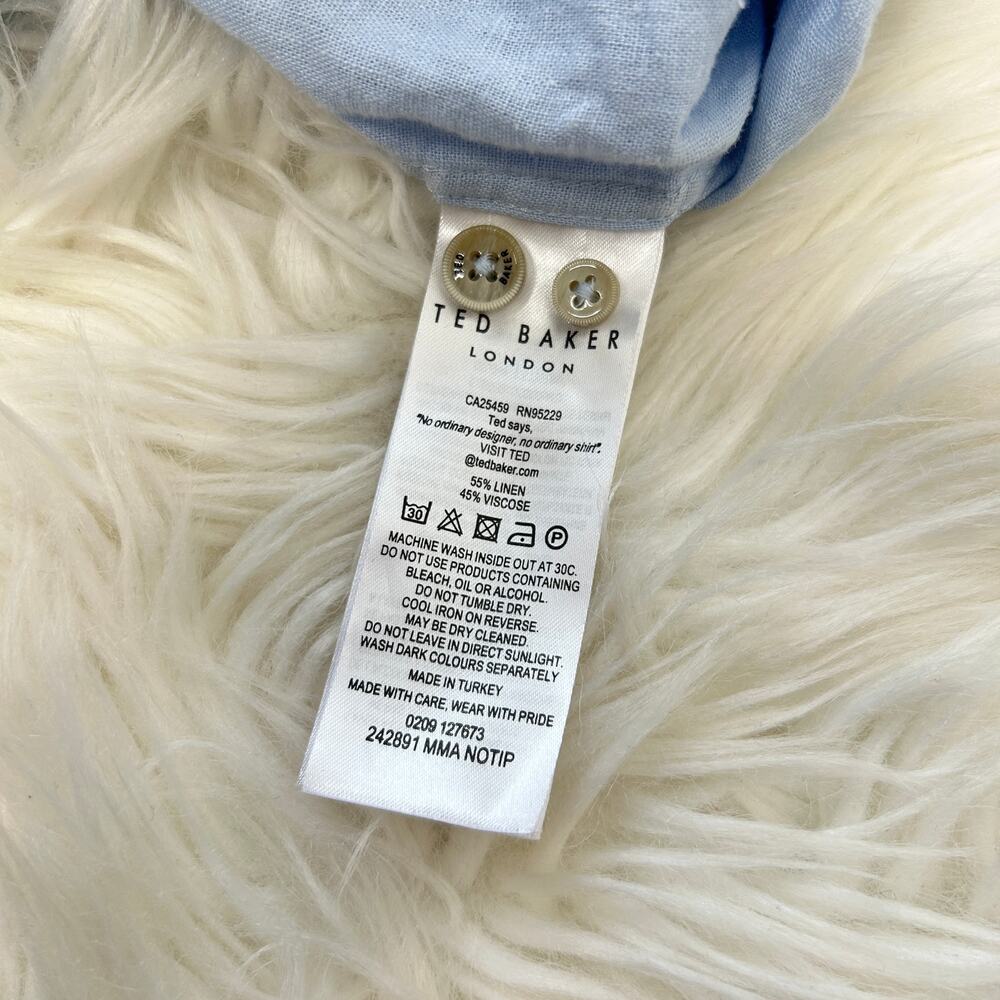 TED BAKER Button Down Shirt Mens Size 3XL Linen Blend Blue Wedding Guest Party - Picture 7 of 7